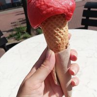 Strawberry ice cream in a cone at Room - Rodeweg in Groningen