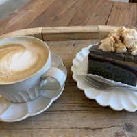 Hazelnut oat latte and cake  at On-Ve Vegan Bakery 온비 비건베이커리 in Gyeongju