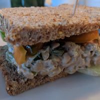 Tempeh "chicken" salad sandwich- perfect, taste, texture and not bitter (tempeh prepared well) at The Flaming Icecube Cafe in Boardman