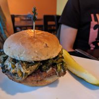 Northerner House-made burger + greens (seasoned perfectly- not too salty) at The Flaming Icecube Cafe in Boardman