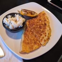 Spicy "chicken" Quesadilla with the FAMOUS pasta salad (nostalgic- reminded us all of home made picnic pasta salad) at The Flaming Icecube Cafe in Boardman
