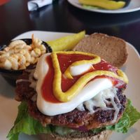 Vegan Burger with mozzarella and side of pasta salad at The Flaming Icecube Cafe in Boardman