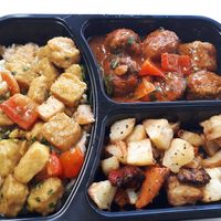 Vegan (soy) 'chicken' stirfry and rice, vegan (soy) meatballs, roast root vegetables at Coffee Station in Ramat Gan