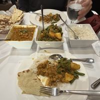 Chana masala on the left, Aloo Ida Seemi Ko Tarkari in the middle  at Nepal House in Chicago