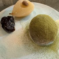 Nama-chocolate and Koshian Adzuki
Beans filled Matcha Daitukumochi, Sake Poached Rocha Pear   at Musubu Cafe in Porto