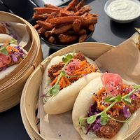 Tofu Bao buns, sweet potato fries without cheese & vegan ranch  at Bao Bun Latvia in Riga