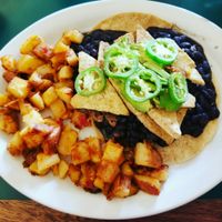 vegan huevos rancheros with tofu and no sour cream at East West Cafe in Sebastopol