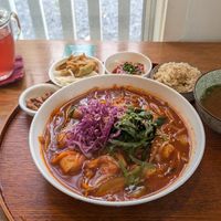 Brown rice tteokbokki and omija tea. at Jeju Mellow - 감미롭다제주 in Seogwipo