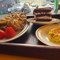 Sandwich with mushrooms, pesto, and other deliciousness.
Hummus on the side
Chocolate layered cake with ganache. at Cafe ohh good thing - 오굳띵 in Busan