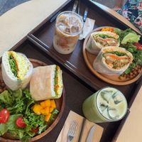 Both breakfast sandwiches, along with the Shake it Matcha and Vanilla Latte at Cafe ohh good thing - 오굳띵 in Busan