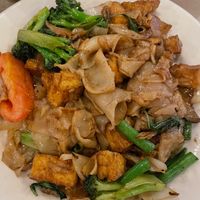 Vegan Pad Kee Mao (Drunken Noodles) with tofu at Thai Pot Cafe in Denver