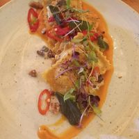 Butternut squash ravioli, pumpkin puree, with toasted walnuts at The Treehouse Restaurant in Alnwick