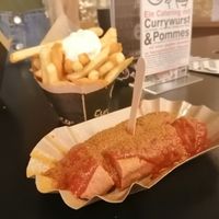 Currywurst with spicy sauce, fries with vegan mayo. Good portion too. €6.50. Highly recommended at Curry Co in Leipzig