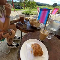 Vegan croissant, bread basket and iced chocolat.  at Malabar Empório Cultural e Café in Itatiba