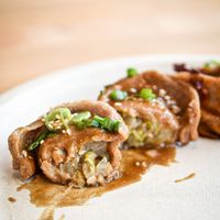 Innards of veggie dumplings at Mak Mak Organic  in Oceanside