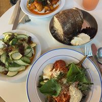 Eggplant romesco, sourdough bread, cucumber salad and pumpkin noodles.  at Lychees in Warsaw