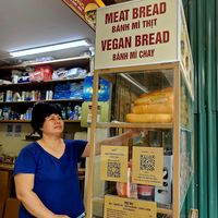 The owner at Xoi Banh Mi Kim Huong in Hanoi