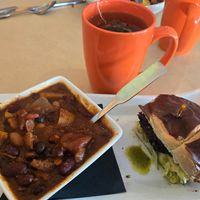 Combo w/Very Vegan Chili. Hearty & delicious, & the Falafel sandwich w/hummus, olive spread, dressing, lettuce & tomato. The Falafel is a homemade patty. at Third Coast Spice Cafe in Chesterton