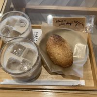 Soy milk brew chai latte and baked curry breadd  at Shark Coffee in Tokyo