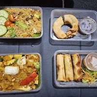 Veggie fried rice, shallot cakes, vegetarian pad see ewe, and spring rolls at Bangkok Noi in Hahndorf