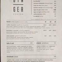Menu - drinks and food at Ginger Cocina in Medellin