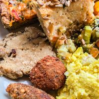 Our spread - falafel, quiches, mash, and so much more delightful goodies! at Restaurant Harmony in Skopje