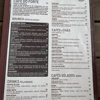 Menu! 1 leaf means vegetarian, 2 leaves mean vegan. And the brown circle means gluten free. Page 1  at Café 18 do Forte in Rio De Janeiro