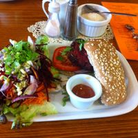 beetroot burger and organic salald at Bookstop Cafe in Kenmare