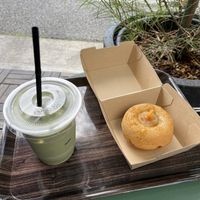 Iced matcha latte and marmalade donut   at Nukafuku ヌカフク in Hakone
