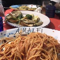 Pasta pomodoro, Pasta limone and grilled veggies with oliveoil on bread  at Cantina Miseria E Nobilta in Amalfi