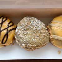 Pumpkin butterscotch, blueberry crumb cake and pumpkin mocha hazelnut - this last one had little chocolate chips in the cream filling and it was such a delicious surprise! at Bitchin Donuts in Albany