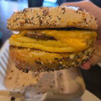 sausage egg and cheese on everything bagel at Bitchin Donuts in Albany