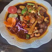 Cashew sauce with mock duck at Green Elephants Thai Vegan in Watkins Glen