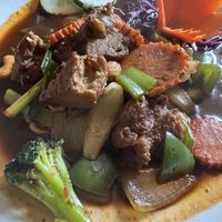 Pad kri pao with mock duck  at Green Elephants Thai Vegan in Watkins Glen