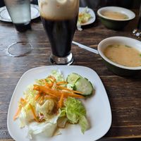 Miso soup, salad, and Thai iced.coffee at Green Elephants Thai Vegan in Watkins Glen