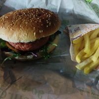 Veggie burger (no sauce) and fries at Hambrea in Huelva