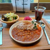 Chickpea curry with salad at Snow Peak Cafe in Kumamoto