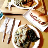 Lunch options with veggie hot dog at Radicetonda - Via Spallanzani in Milan