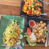 Pineapple fried rice with tofu, sweet and sour tofu with vegetables and tofu with pepper and garlic.  at Mama in Phuket
