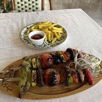 Vegetable Shashliks and fries  at Chalet  in Bukhara
