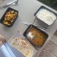 Bombay potatos, Daal Tadka, Roti bread and  rice  at Jot Indian Restaurant in Crete