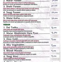 Menu of vegan / vegetarian main dishess  at Jot Indian Restaurant in Crete