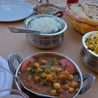 Chana Masala with plain rice and bread at Jot Indian Restaurant in Crete