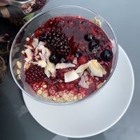 Porridge made with oat milk, with berries and jam   at Cafe Spirit in Siofok