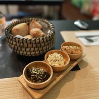 First course. Fresh bread with amazing spreads.  at Mãe Terra in Portimao