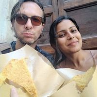 Happy with our warm Cecina at Dante & Gentucca in Lucca