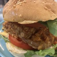Spicy tempeh burger  at Joys Cafe - 悅素 in Kowloon