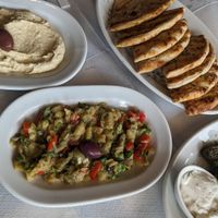 Mezze options including vine leaves. at Taverna Ouzaki in Rhodes