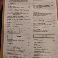 Food menu at The Box Room Board Game Café in Cambridge