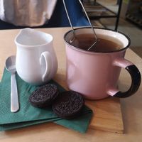 Tea with almond milk and vegan biscuits at Zakładka in Bydgoszcz